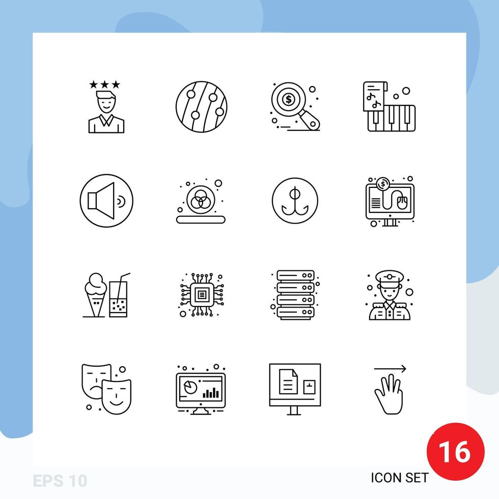 16 tematiska vektor konturer och redigerbar symboler av ljud instrument skalp sjukdom dragspel data analys redigerbar vektor design element