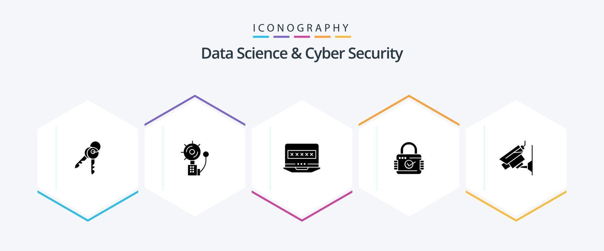 Daten Wissenschaft und Cyber Sicherheit 25 Glyphe Symbol Pack einschließlich Kamera. Sicherheit. Eindringling. Vorhängeschloss. Sicherheit vektor