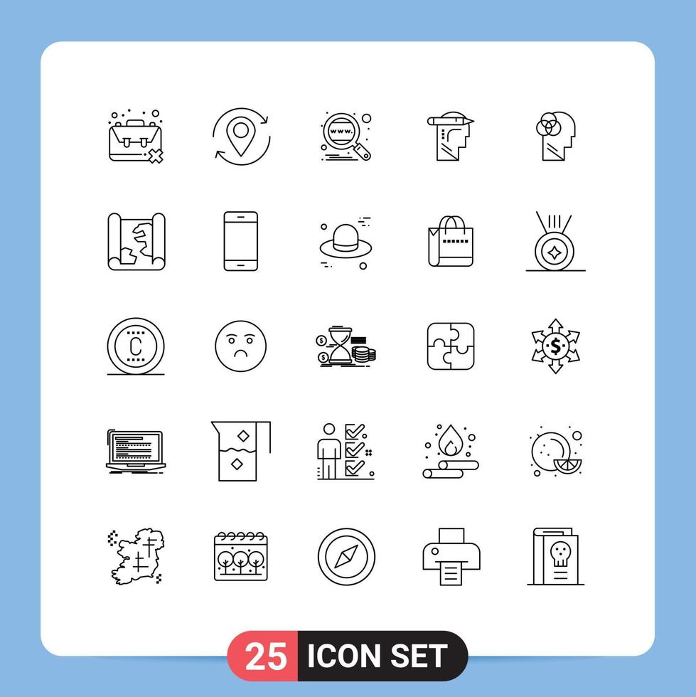 redigerbar vektor linje packa av 25 enkel rader av tänkande huvud markör över hela världen global redigerbar vektor design element