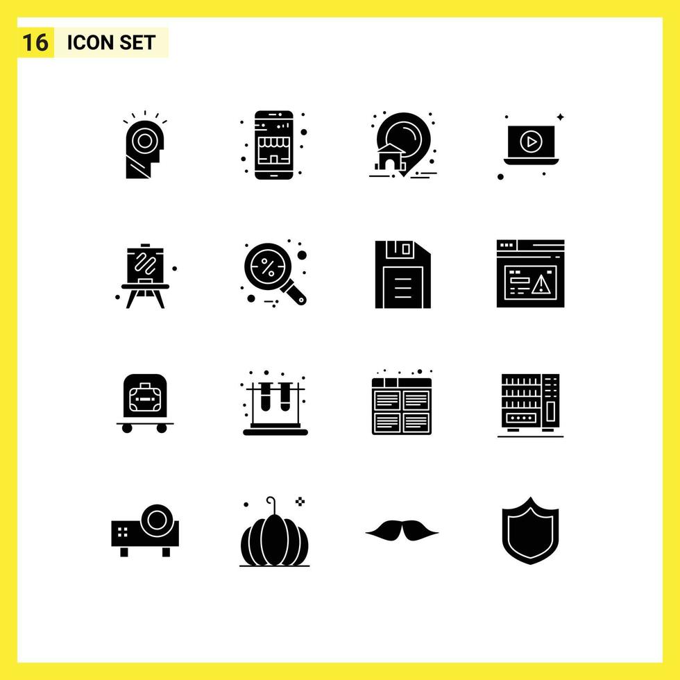 Gruppe von 16 solide Glyphen Zeichen und Symbole zum Hobby Staffelei Nachlass Video Laptop editierbar Vektor Design Elemente