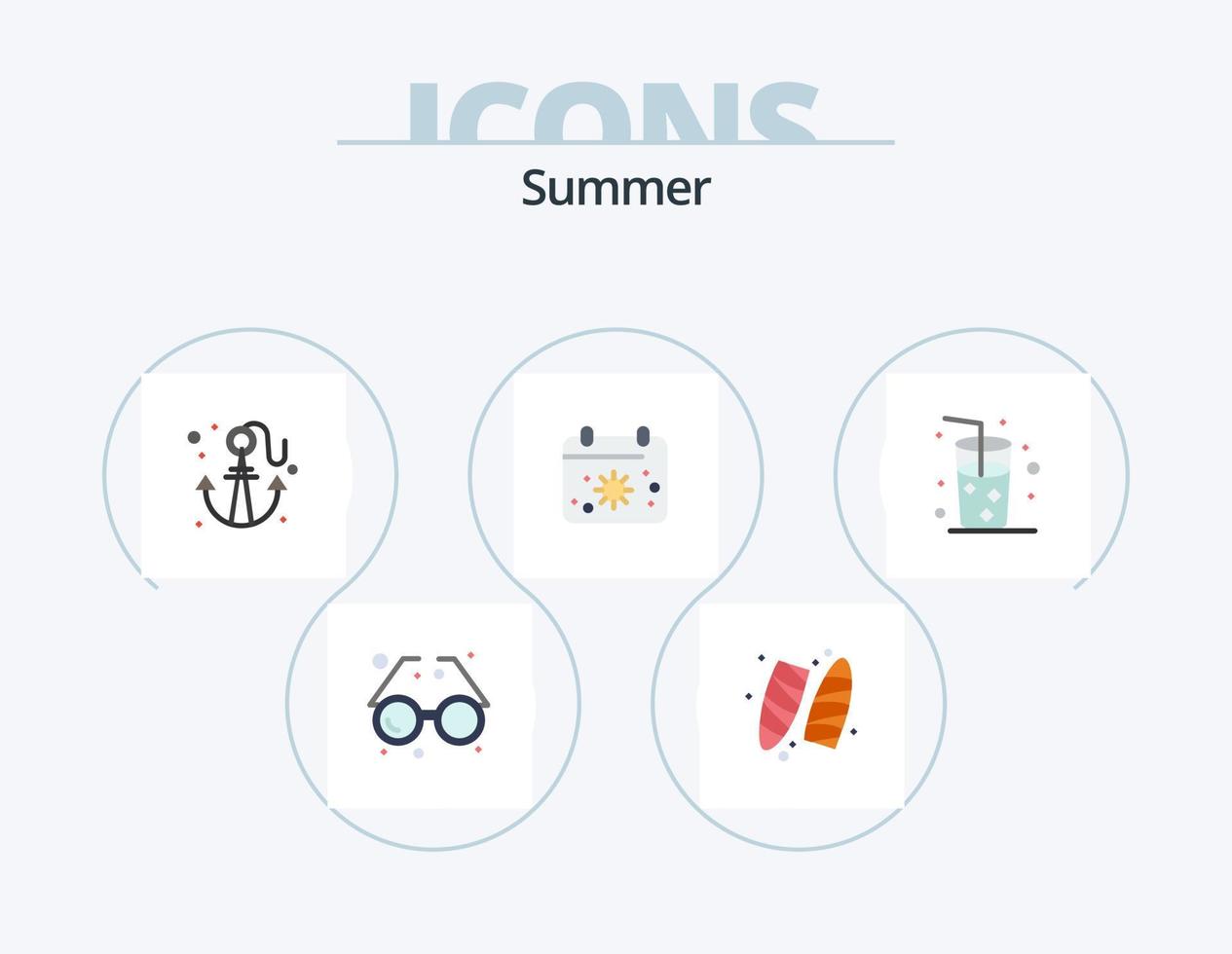 sommar platt ikon packa 5 ikon design. strand. datum. surfing. kalender. sommar vektor