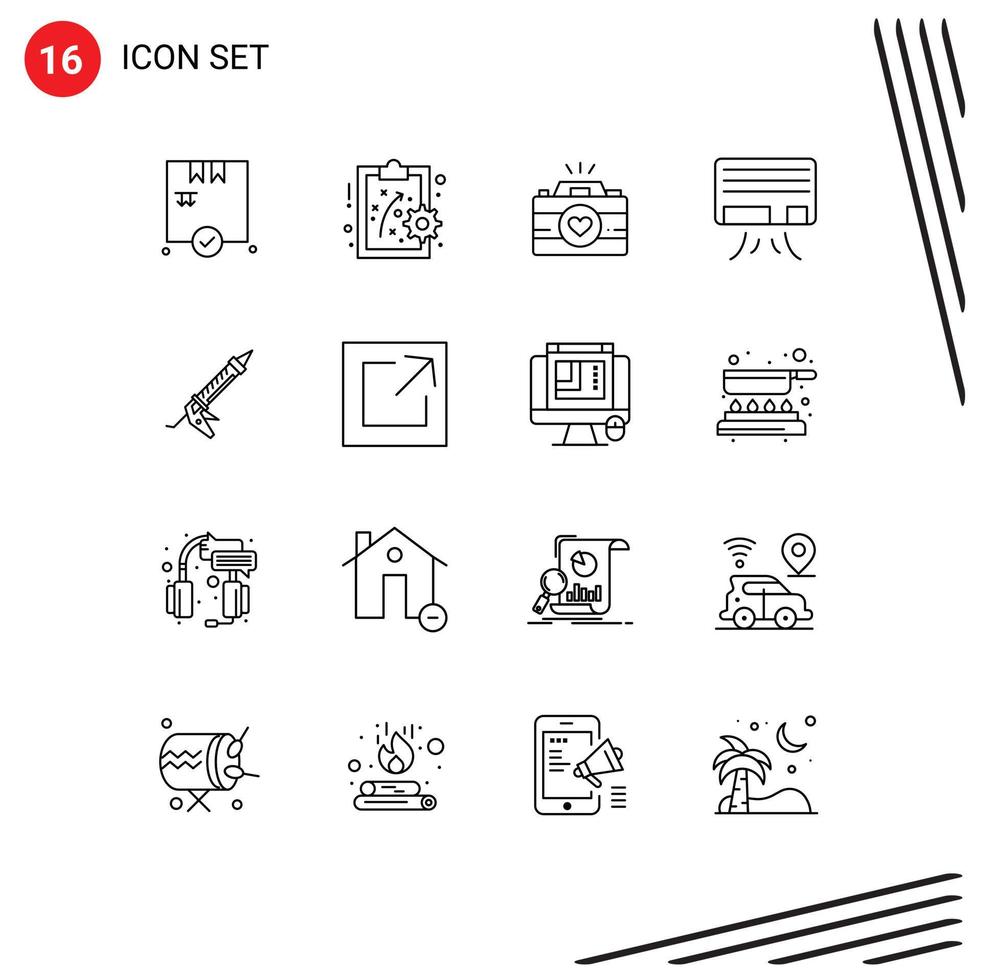stock vektor ikon packa av 16 linje tecken och symboler för konstruktion pistol video kam tätningsmedel luft redigerbar vektor design element