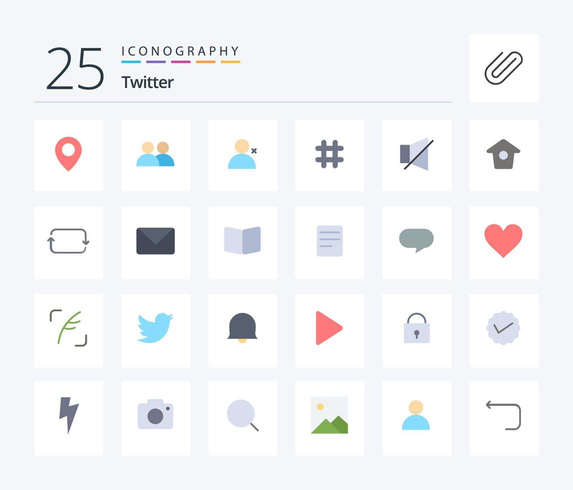 Twitter 25 eben Farbe Symbol Pack einschließlich zwitschern. aus. zwitschern. Glocke. Tweet vektor