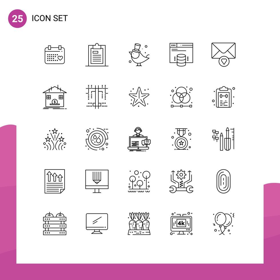 Gruppe von 25 Linien Zeichen und Symbole zum Mail Server Papier Internet Hosting Spatz editierbar Vektor Design Elemente