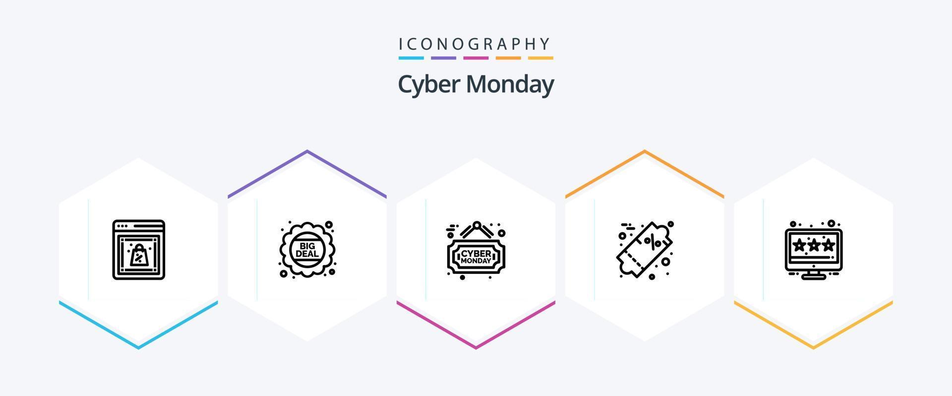 Cyber Montag 25 Linie Symbol Pack einschließlich Verkauf. Bewertung. werben. Prozent. Preis vektor