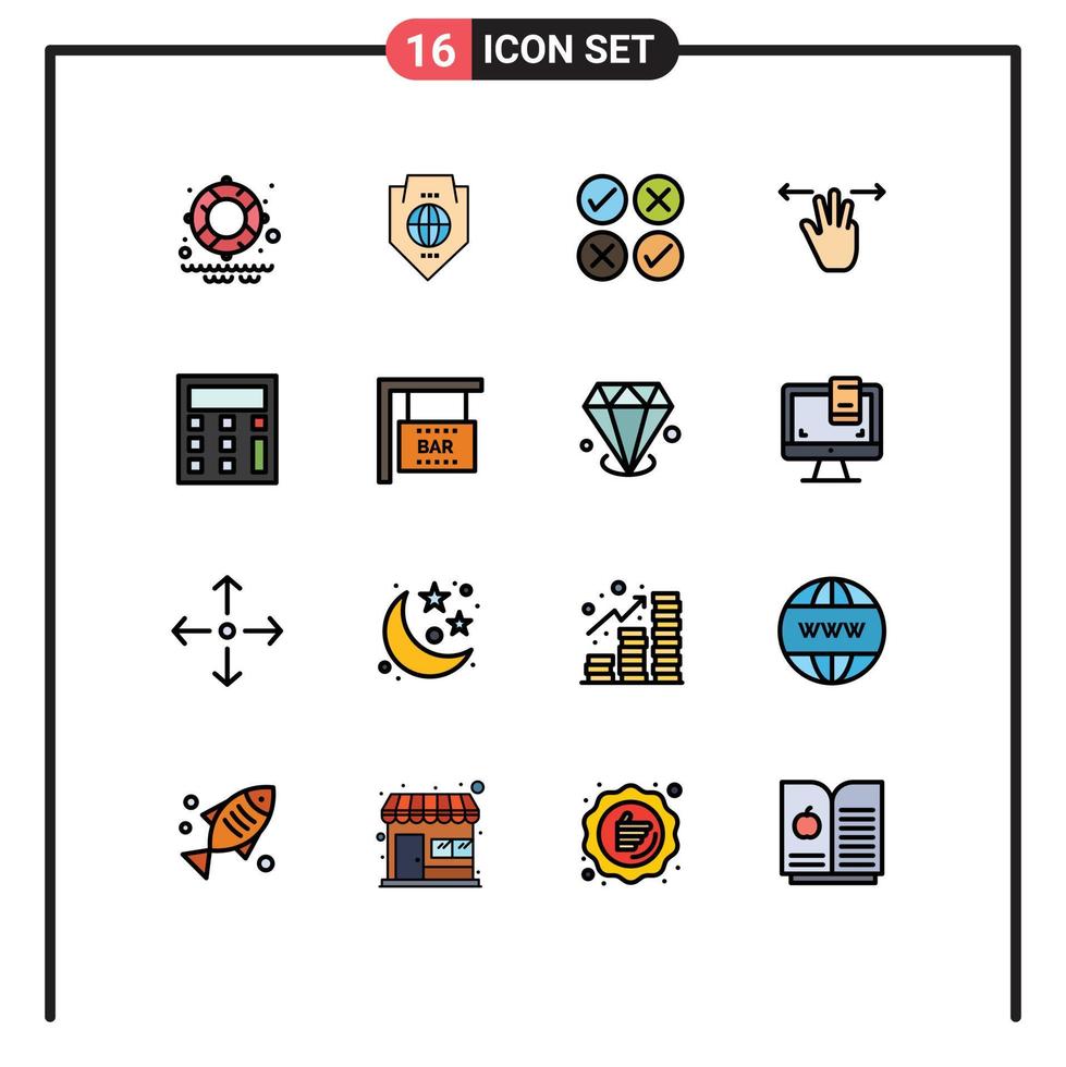 16 universell platt Färg fylld rader uppsättning för webb och mobil tillämpningar kalkylator tre fingrar kreativ mobil gester redigerbar kreativ vektor design element