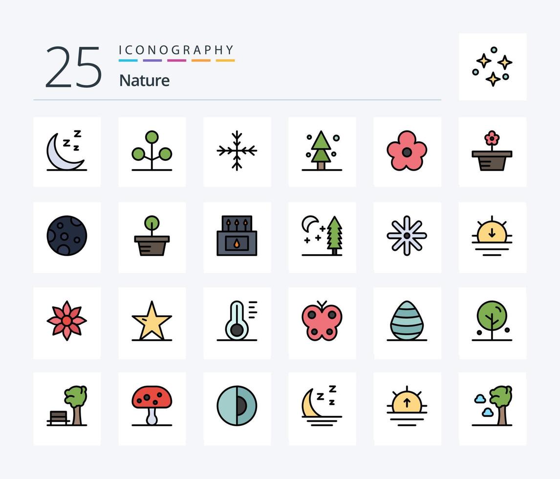 natur 25 linje fylld ikon packa Inklusive närvarande. natur. snöflinga. blomma. gran vektor
