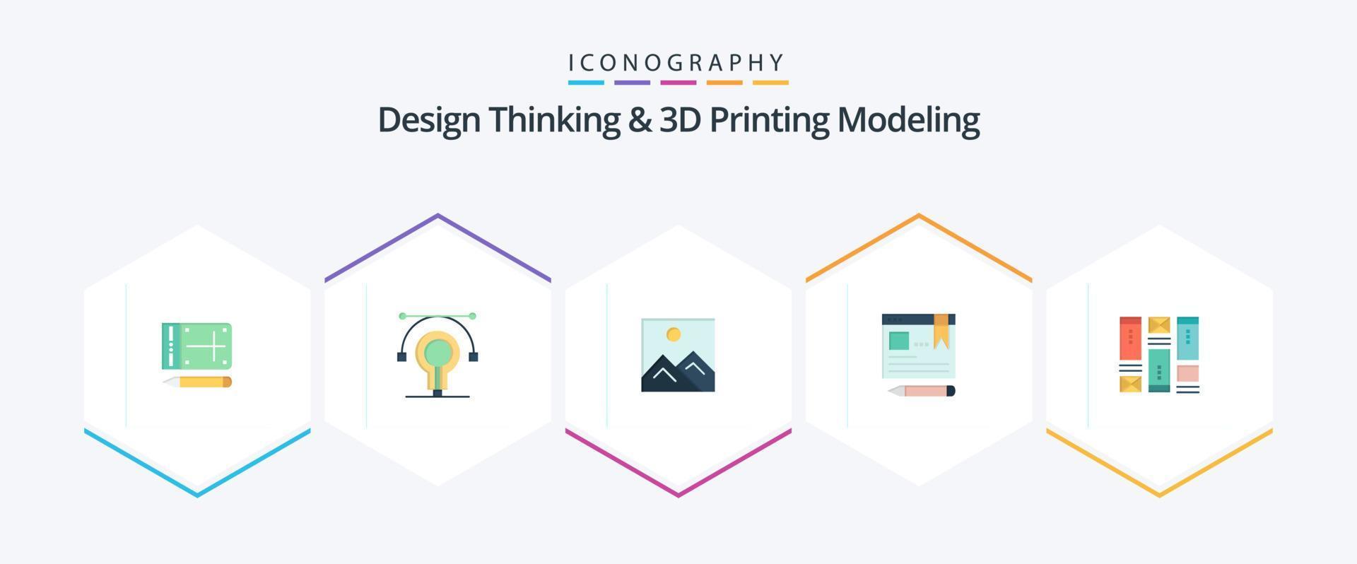 design tänkande och d utskrift modellering 25 platt ikon packa Inklusive skissa. utbildning. ram. penna. browser vektor