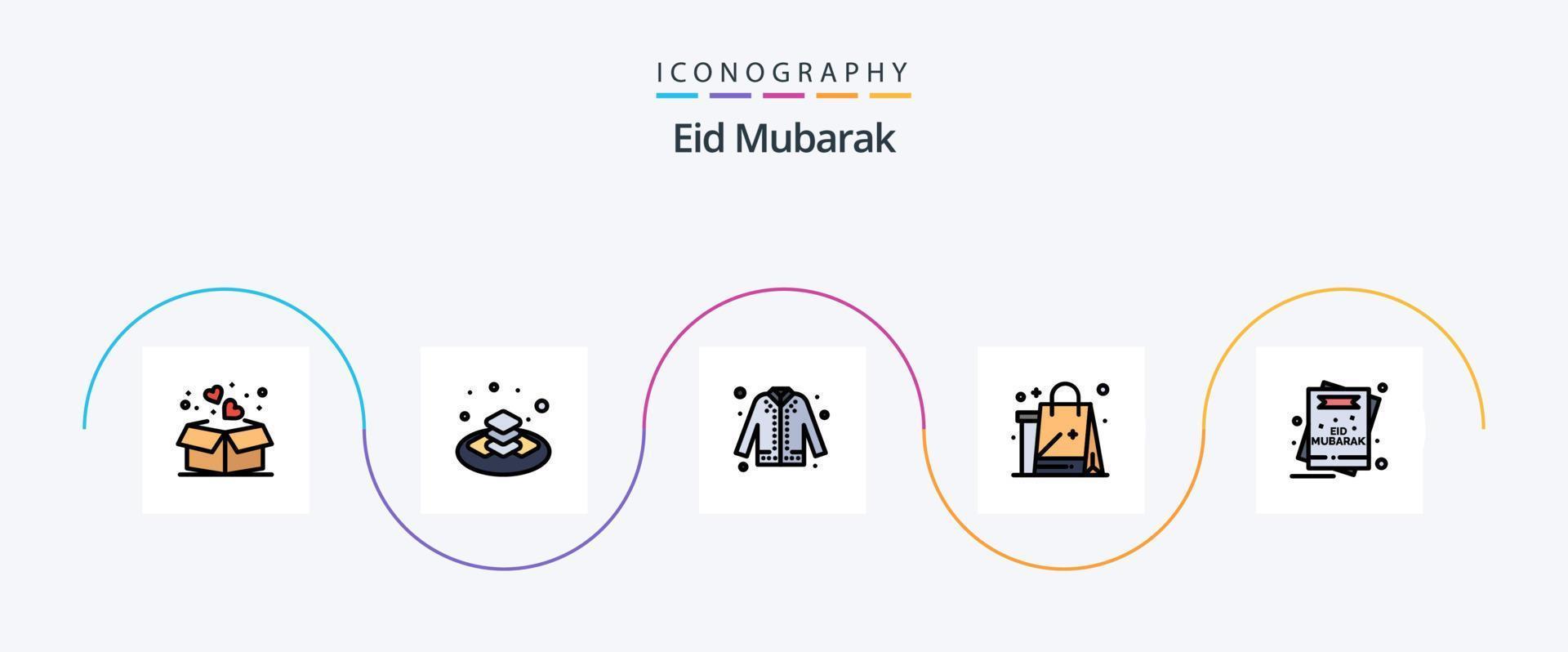 eid mubarak linje fylld platt 5 ikon packa Inklusive dukar. väska. islamisk. handla. handla vektor
