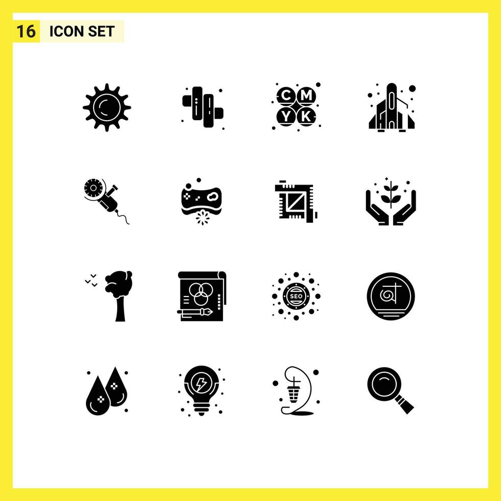 Pack von 16 modern solide Glyphen Zeichen und Symbole zum Netz drucken Medien eine solche wie Klinge Leistung Drucken kreisförmig sah abspielen editierbar Vektor Design Elemente