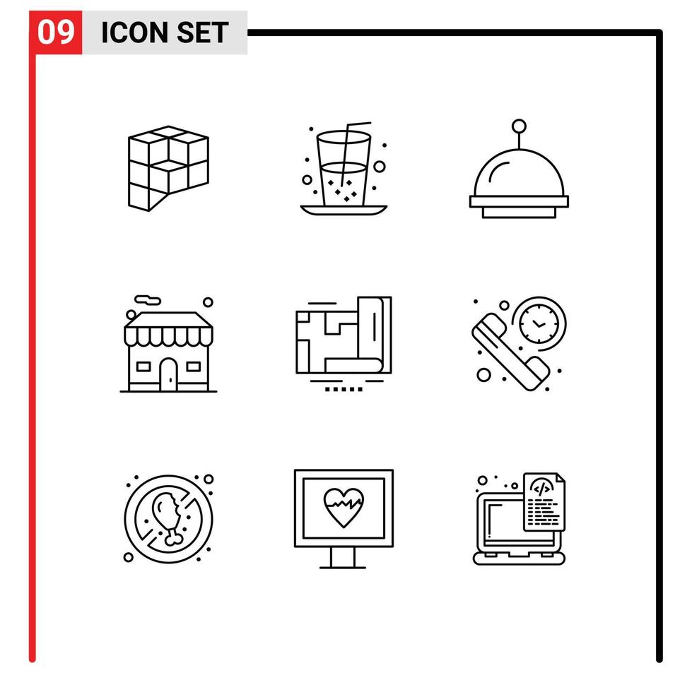 Universal- Symbol Symbole Gruppe von 9 modern Umrisse von Karte Geographisches Positionierungs System Alarm Nachlass Geschäft editierbar Vektor Design Elemente