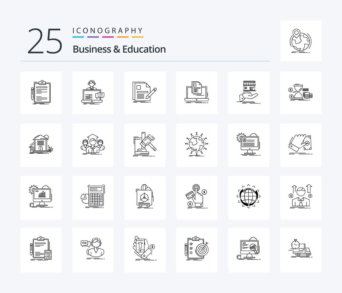 företag och utbildning 25 linje ikon packa Inklusive Rapportera. konto. service. återuppta. sida vektor