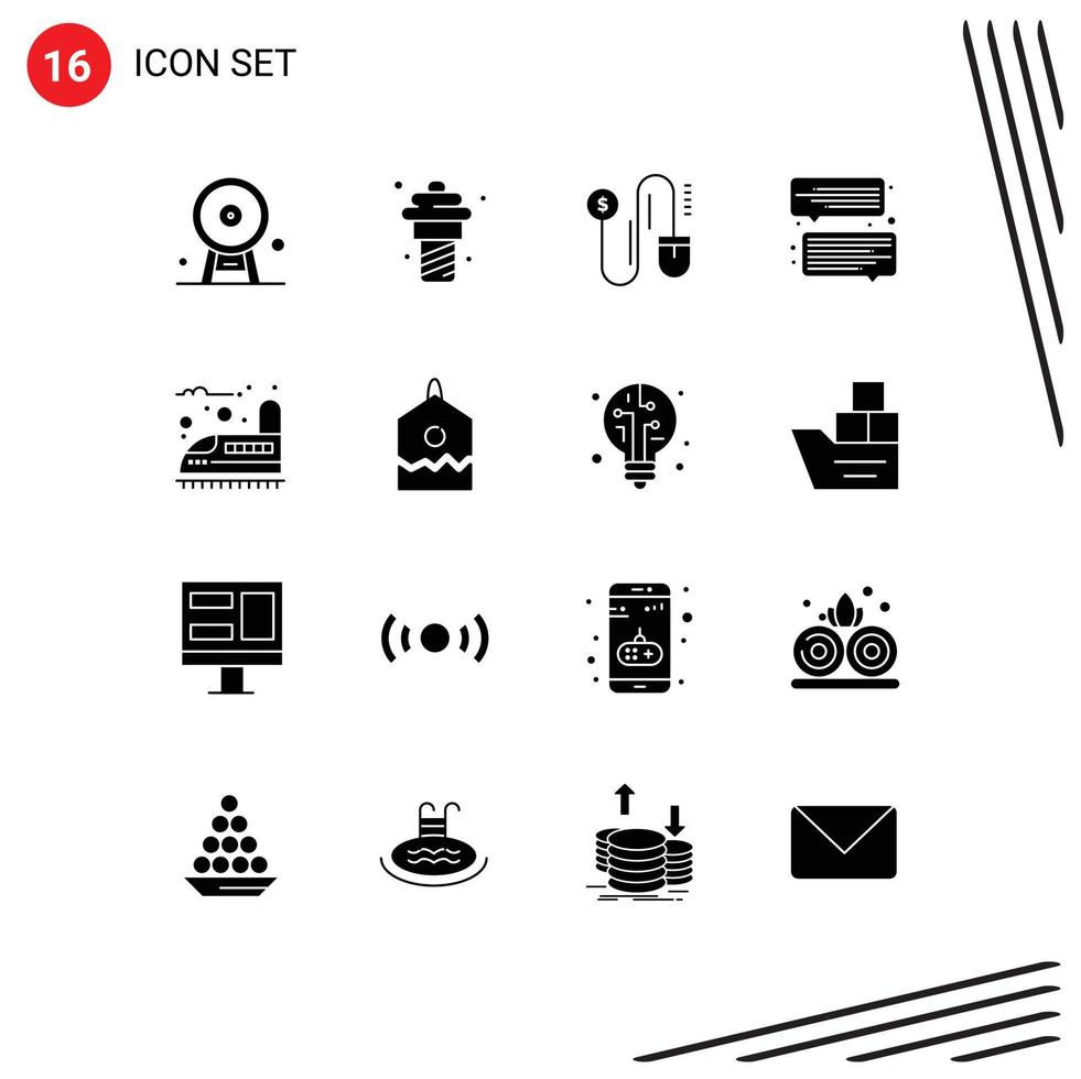 16 användare gränssnitt fast glyf packa av modern tecken och symboler av tåg järnväg måltid meddelande chatt redigerbar vektor design element