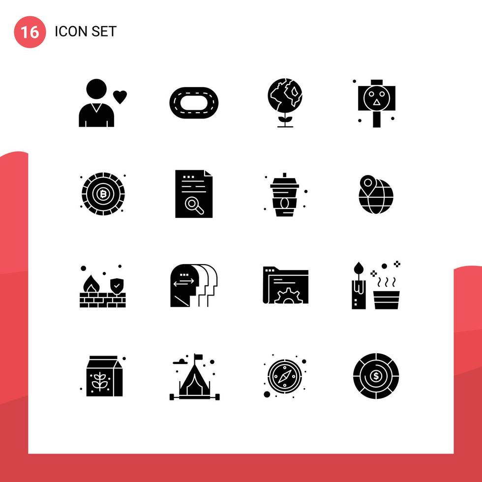 uppsättning av 16 vektor fast glyfer på rutnät för data tecken klot mynt skalle redigerbar vektor design element