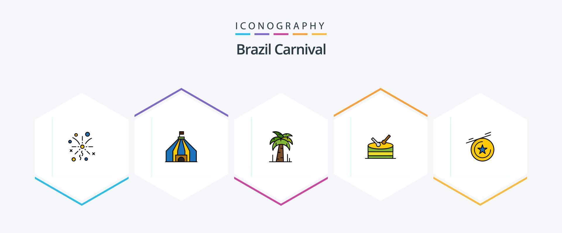 Brasilien Karneval 25 gefüllte Linie Symbol Pack einschließlich Brasilien. Baum. Zelt. Palme. Karneval vektor
