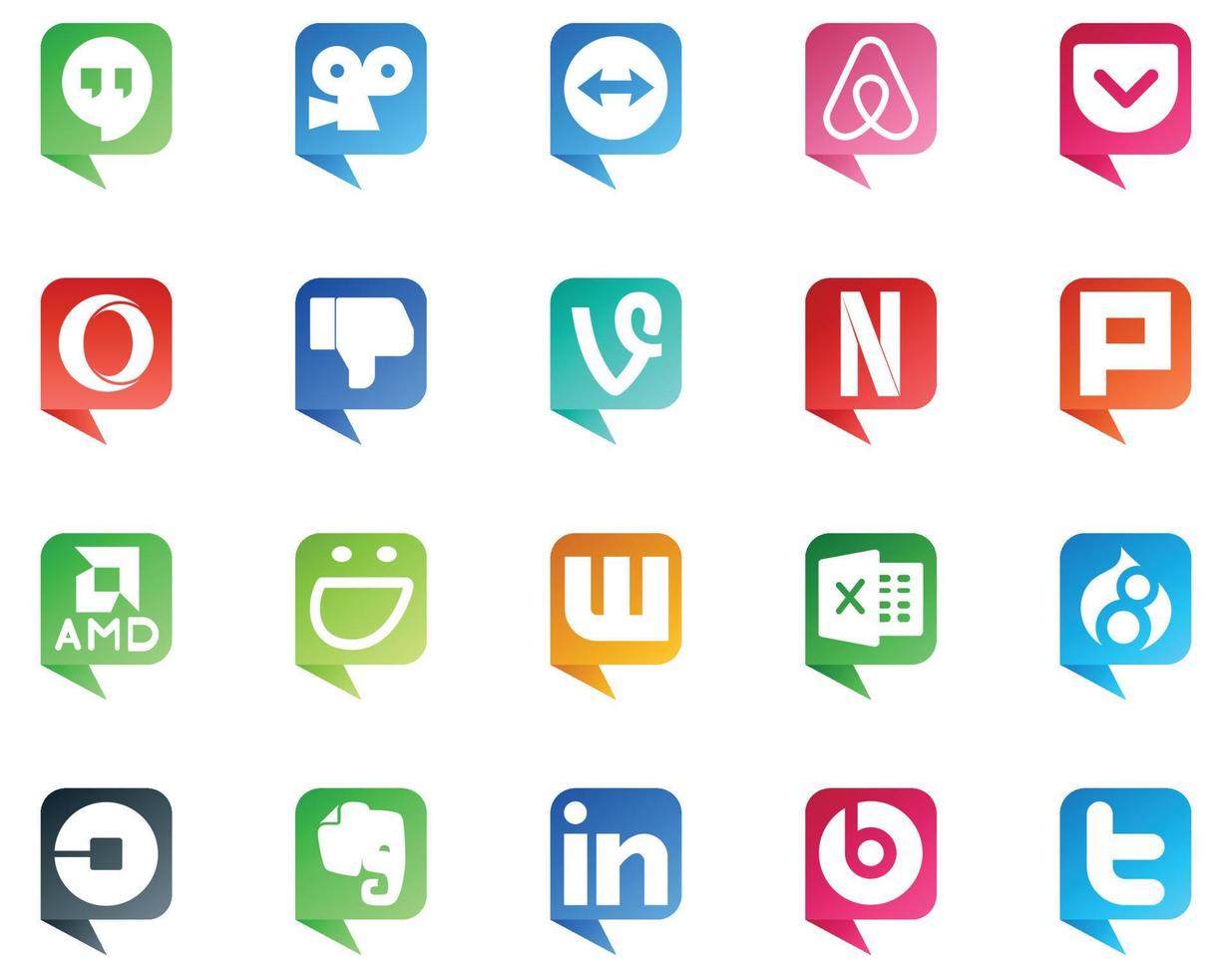 20 Sozial Medien Rede Blase Stil Logo mögen Treiber über Netflix Drupal Wattpad vektor
