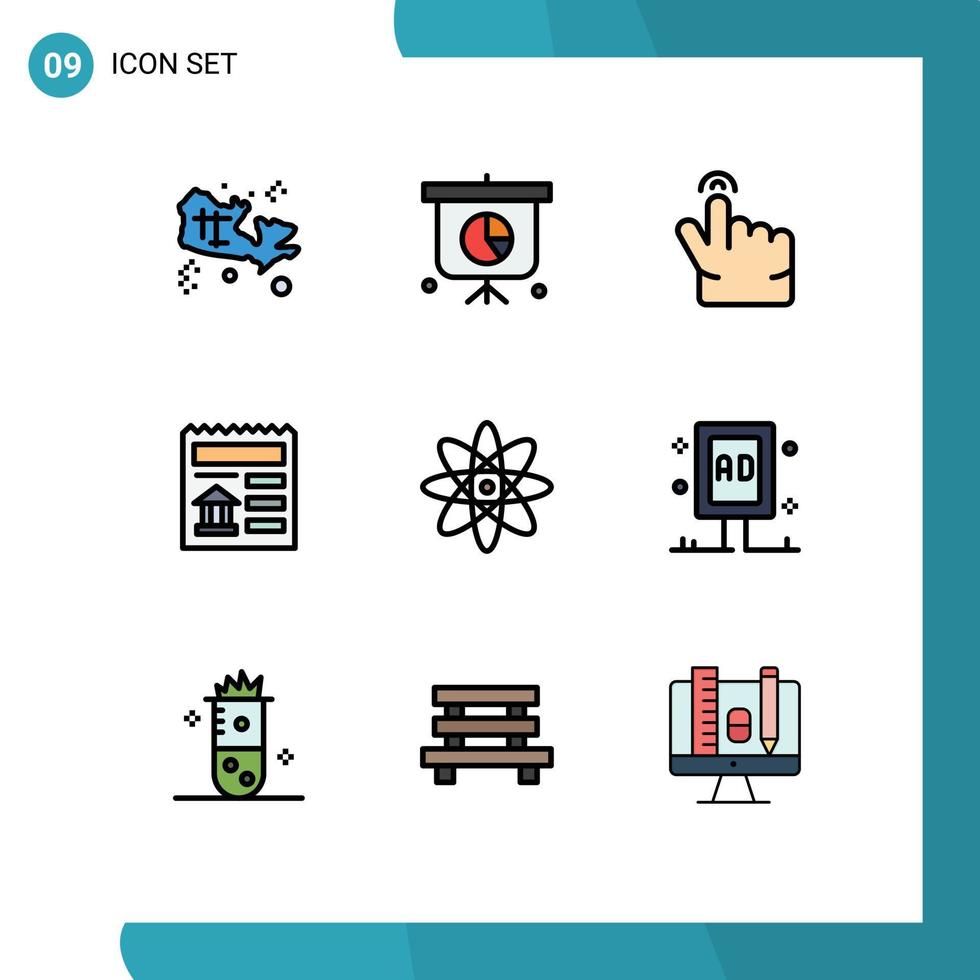 gefüllte Linie eben Farbe Pack von 9 Universal- Symbole von Werbung Physik Geste Atom ui editierbar Vektor Design Elemente