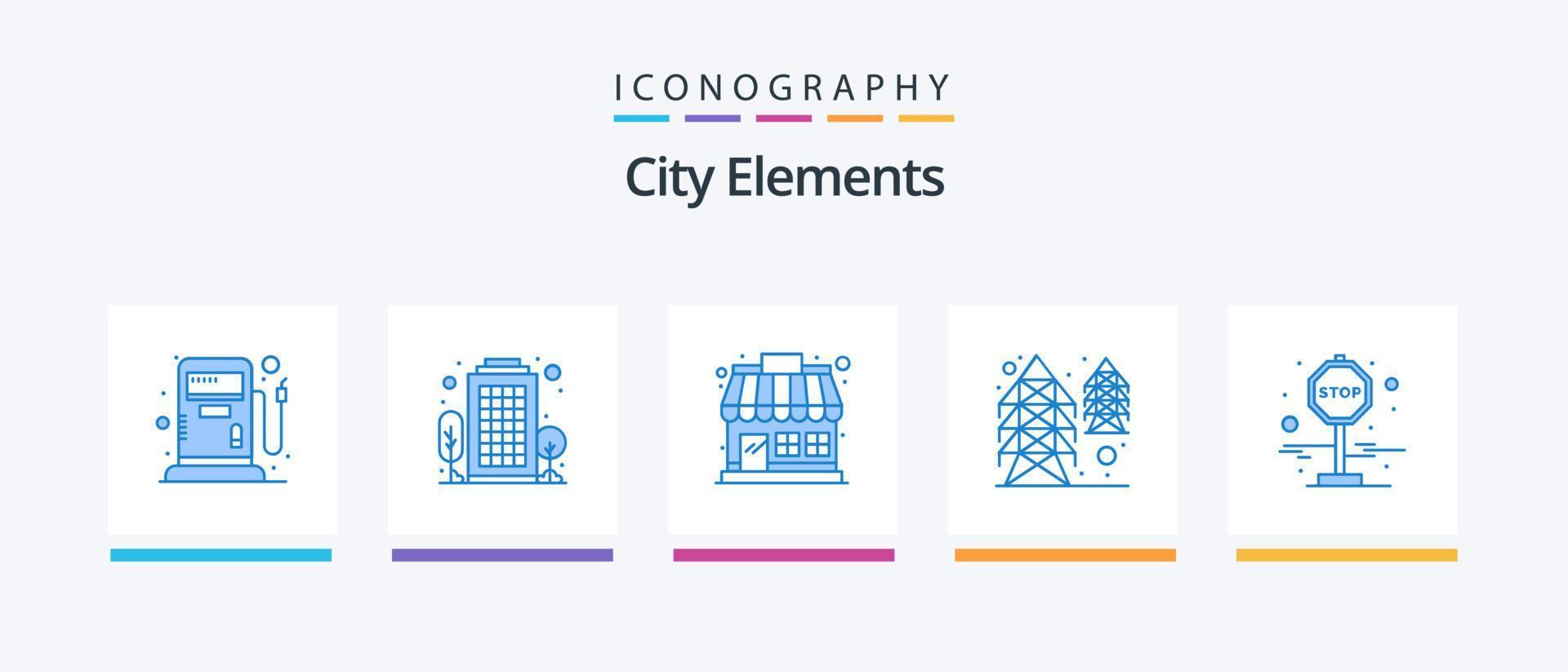 Stadt Elemente Blau 5 Symbol Pack einschließlich stoppen. Tafel. Markt speichern. liefern. Leistung. kreativ Symbole Design vektor