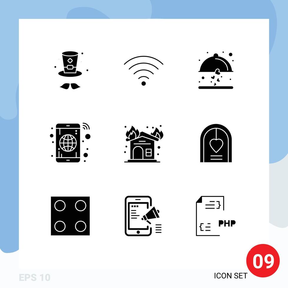 uppsättning av 9 modern ui ikoner symboler tecken för brandstation öppen spis kärlek brand mobil redigerbar vektor design element