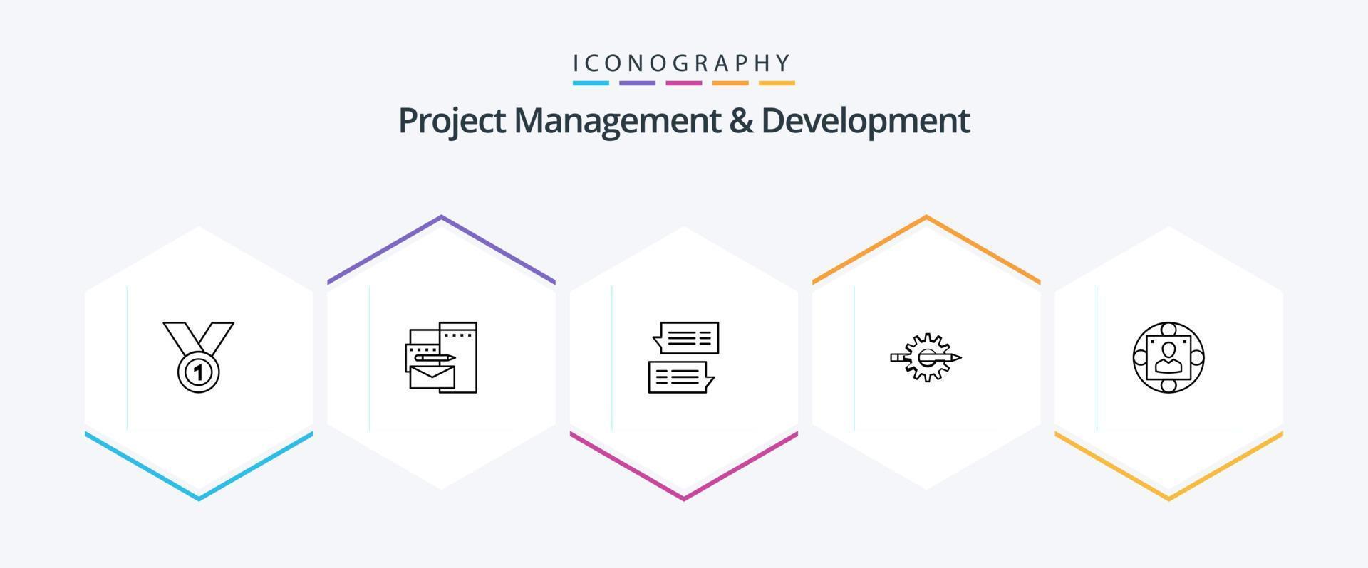 projekt förvaltning och utveckling 25 linje ikon packa Inklusive skrivande. samtal. varumärke. meddelande. bubbla vektor