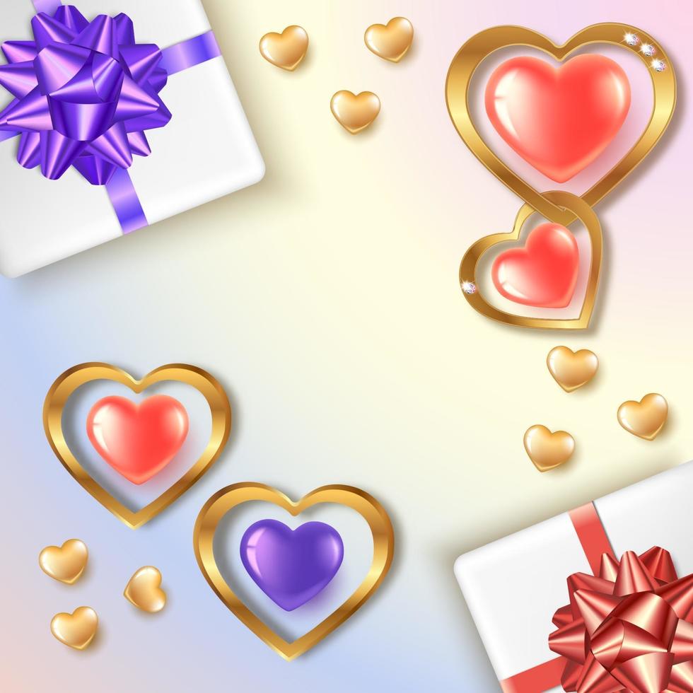 Valentinstag quadratisches Banner mit roten und lila goldenen Herzen und Geschenken vektor