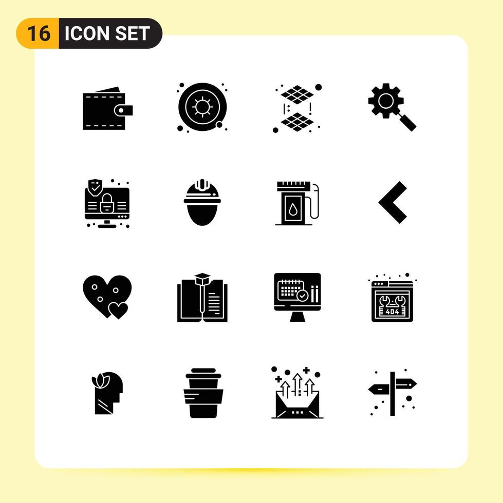 einstellen von 16 Vektor solide Glyphen auf Gitter zum Internet Rahmen Wissenschaft Ausrüstung Suche editierbar Vektor Design Elemente