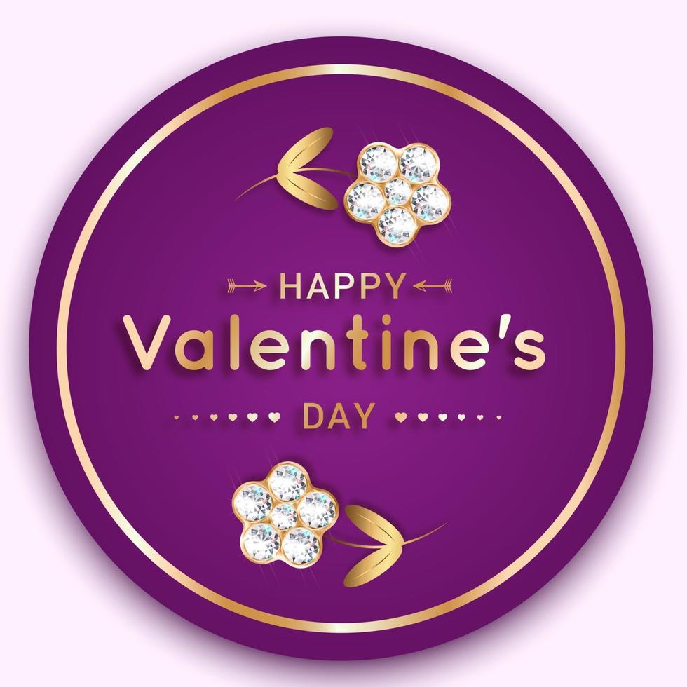 rund valentins banner med diamant- och guldblommor vektor