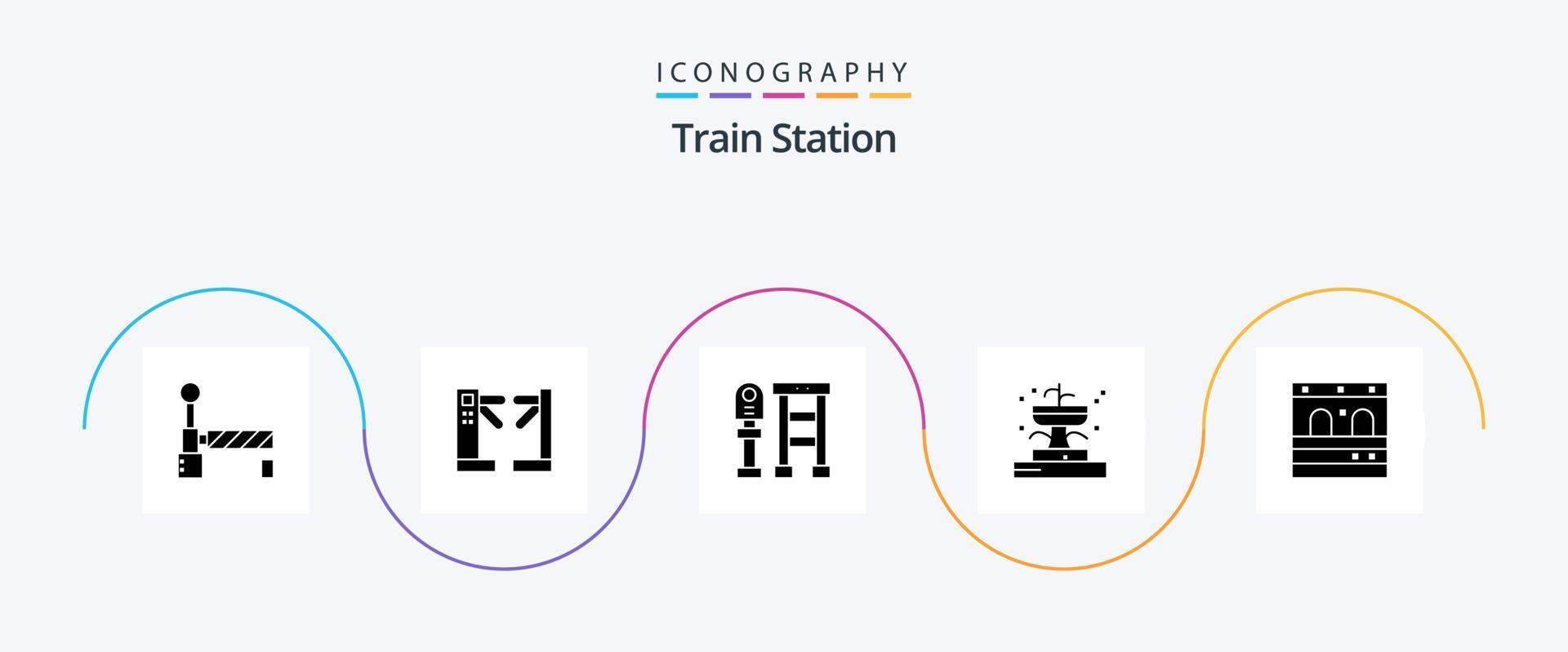 tåg station glyf 5 ikon packa Inklusive tåg. dörr. buss. parkera. fontän vektor