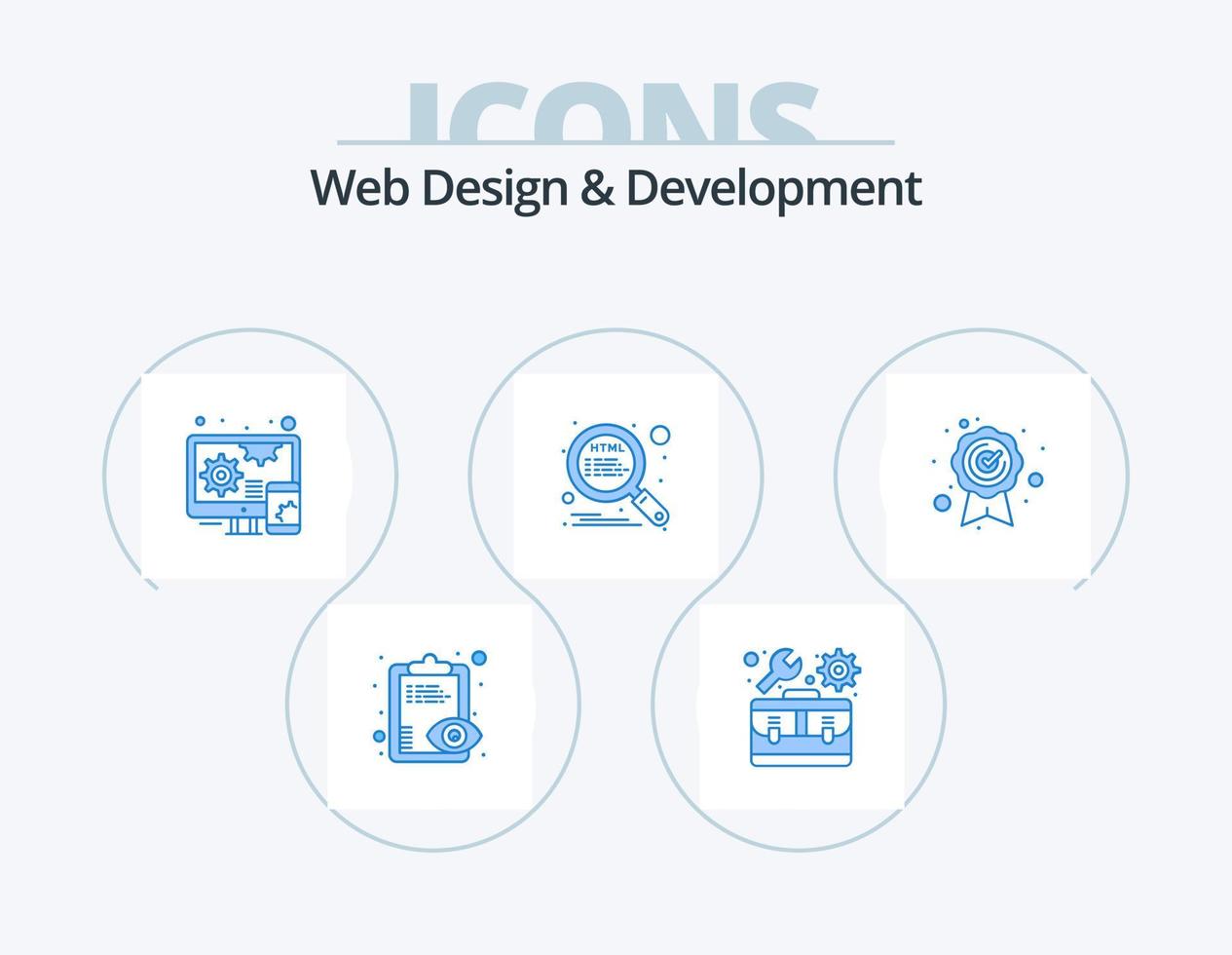 webb design och utveckling blå ikon packa 5 ikon design. kvalitet. bäst kvalitet. adaptiv. seo. optimering vektor