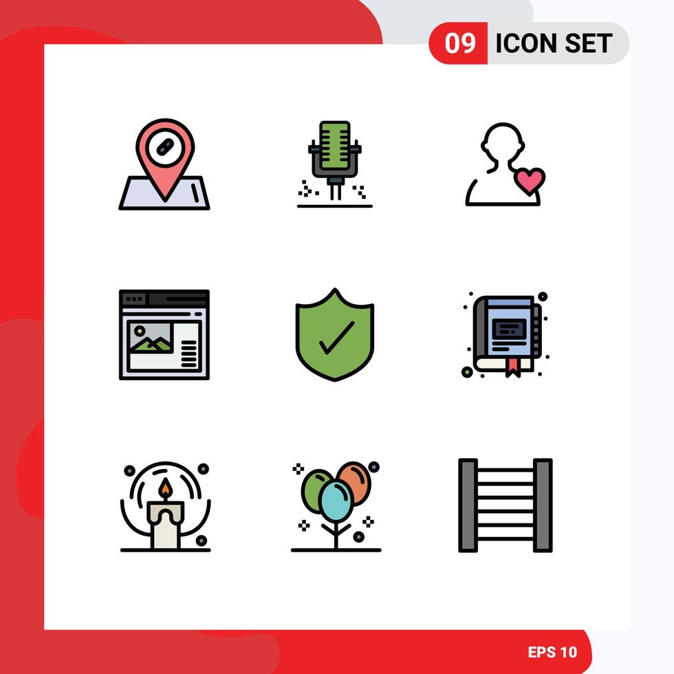 9 universell fylld linje platt färger uppsättning för webb och mobil tillämpningar säkerhet antivirus kärlek Galleri webb redigerbar vektor design element