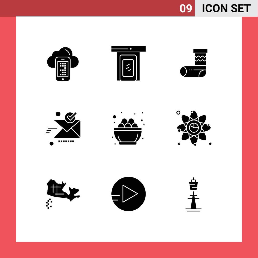 uppsättning av 9 vektor fast glyfer på rutnät för skål ok firande skickade e-post redigerbar vektor design element