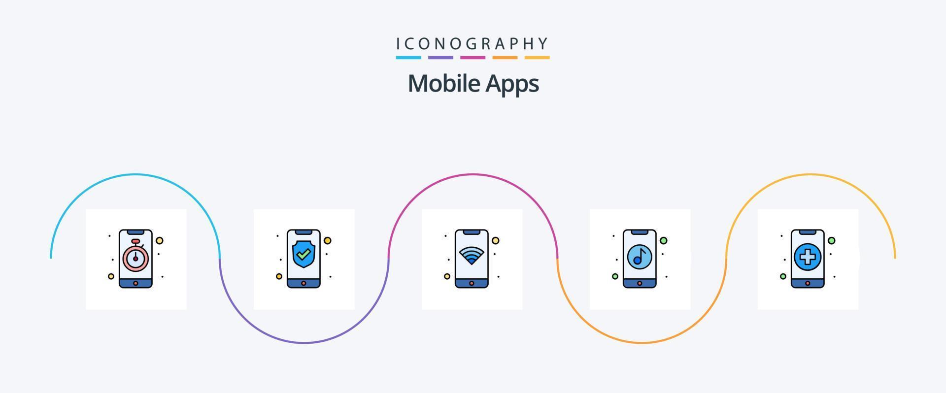 Handy, Mobiltelefon Apps Linie gefüllt eben 5 Symbol Pack einschließlich App. Musik. überprüfen. Handy, Mobiltelefon. W-lan vektor