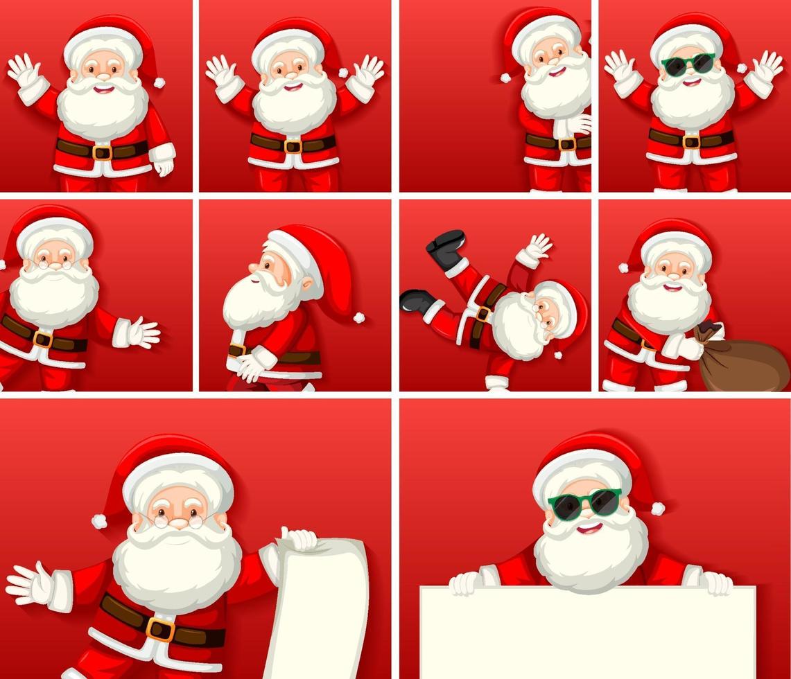 uppsättning olika santa jultomten seriefiguren på röd bakgrund vektor