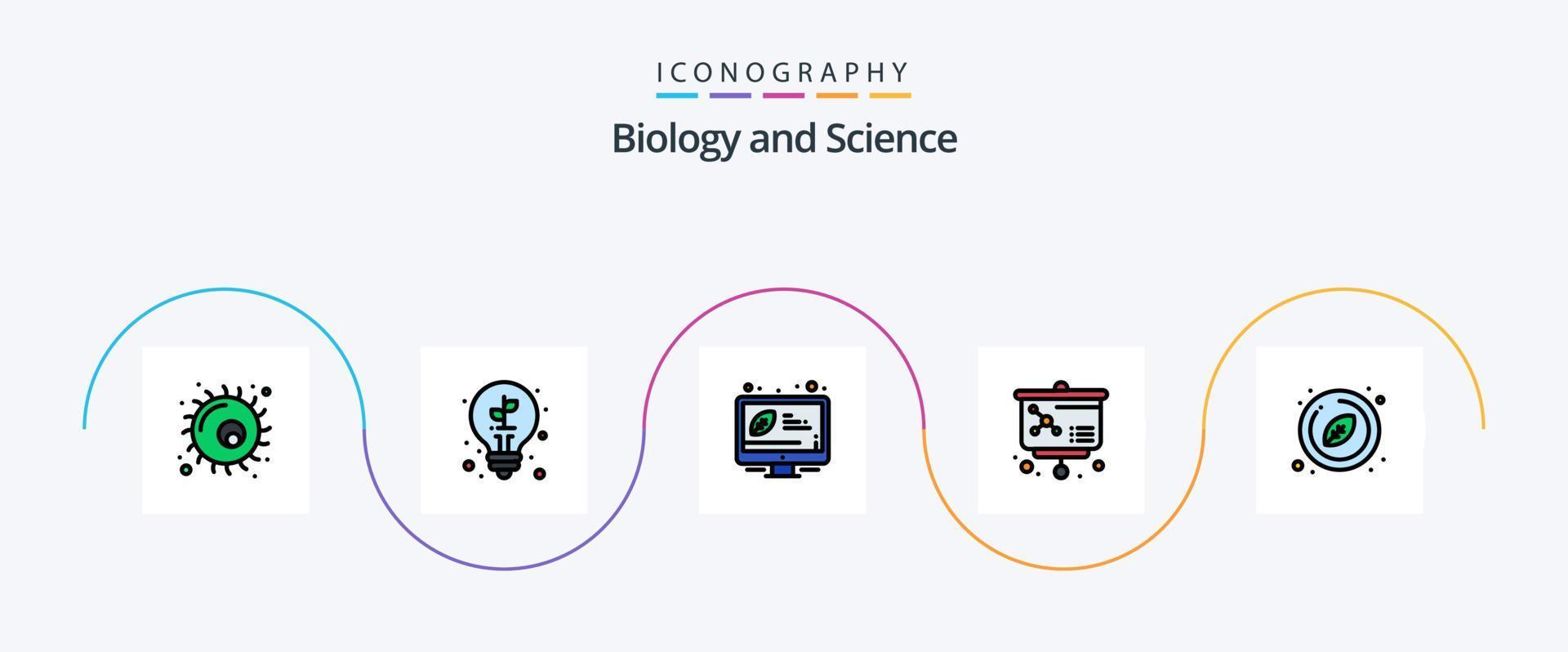 biologi linje fylld platt 5 ikon packa Inklusive naturlig. cirkel. skrivbordet. molekyl. lektion vektor