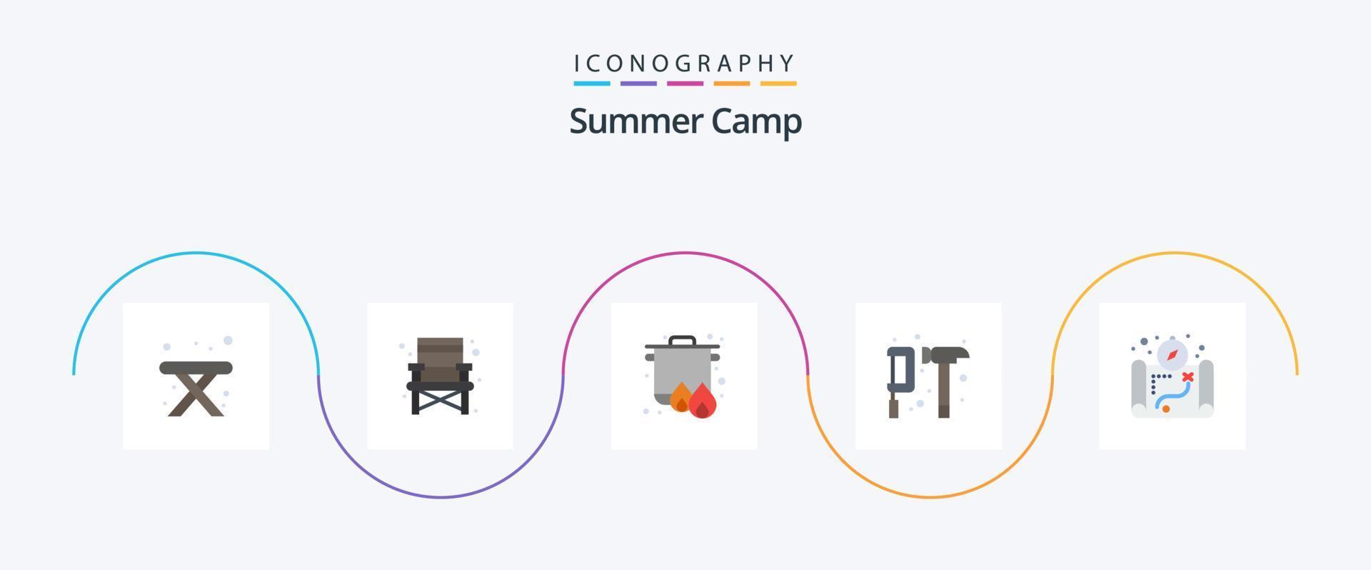 sommar läger platt 5 ikon packa Inklusive camping. Karta. spis. hammare. ingenjör vektor