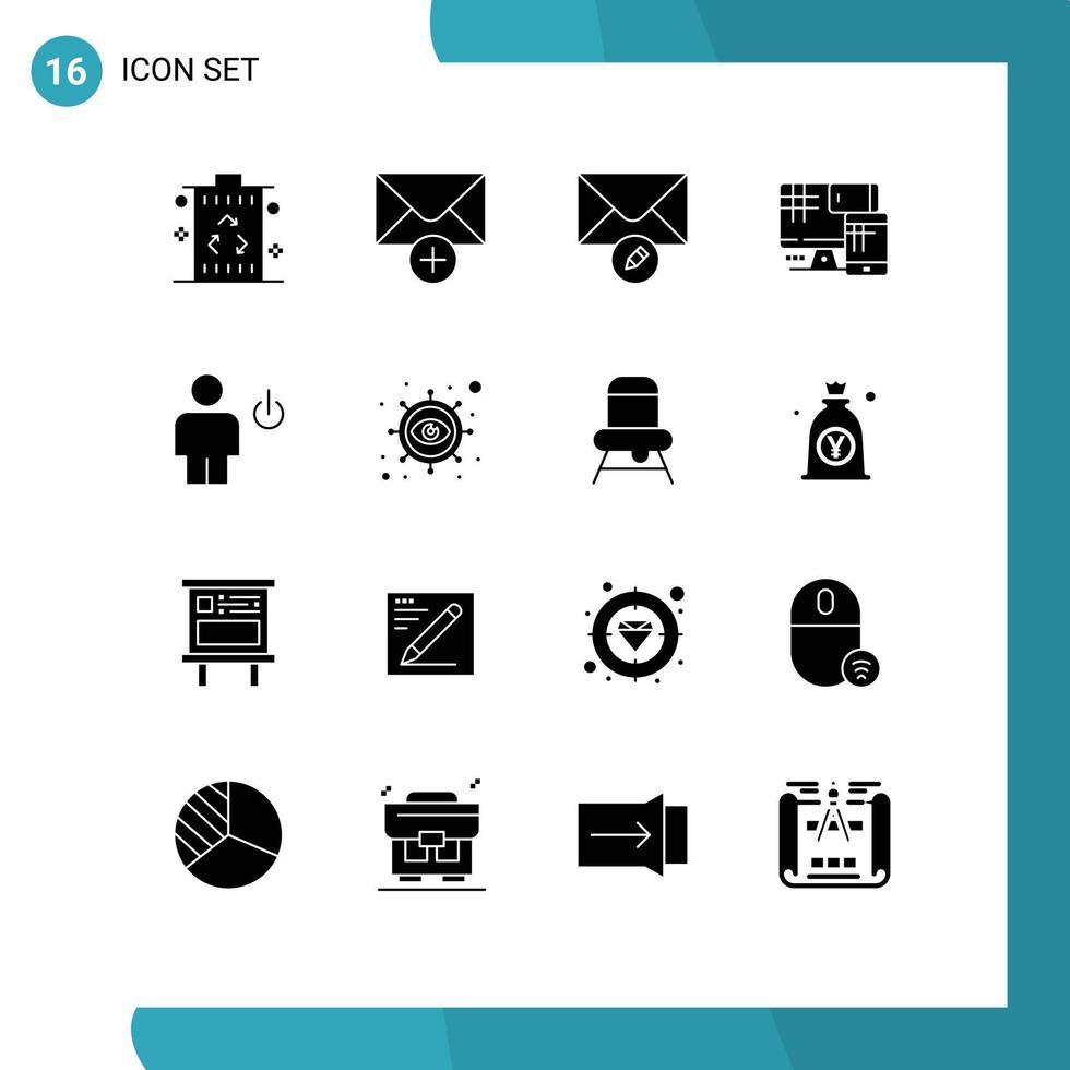 16 solide Glyphe Konzept zum Websites Handy, Mobiltelefon und Apps Energie Benutzerbild Mail Bildung Monitor editierbar Vektor Design Elemente