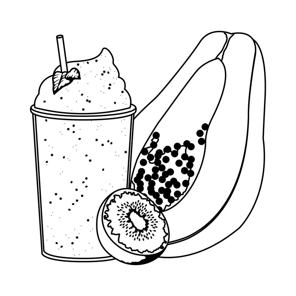 tropisk frukt och smoothiedryck i svartvitt vektor