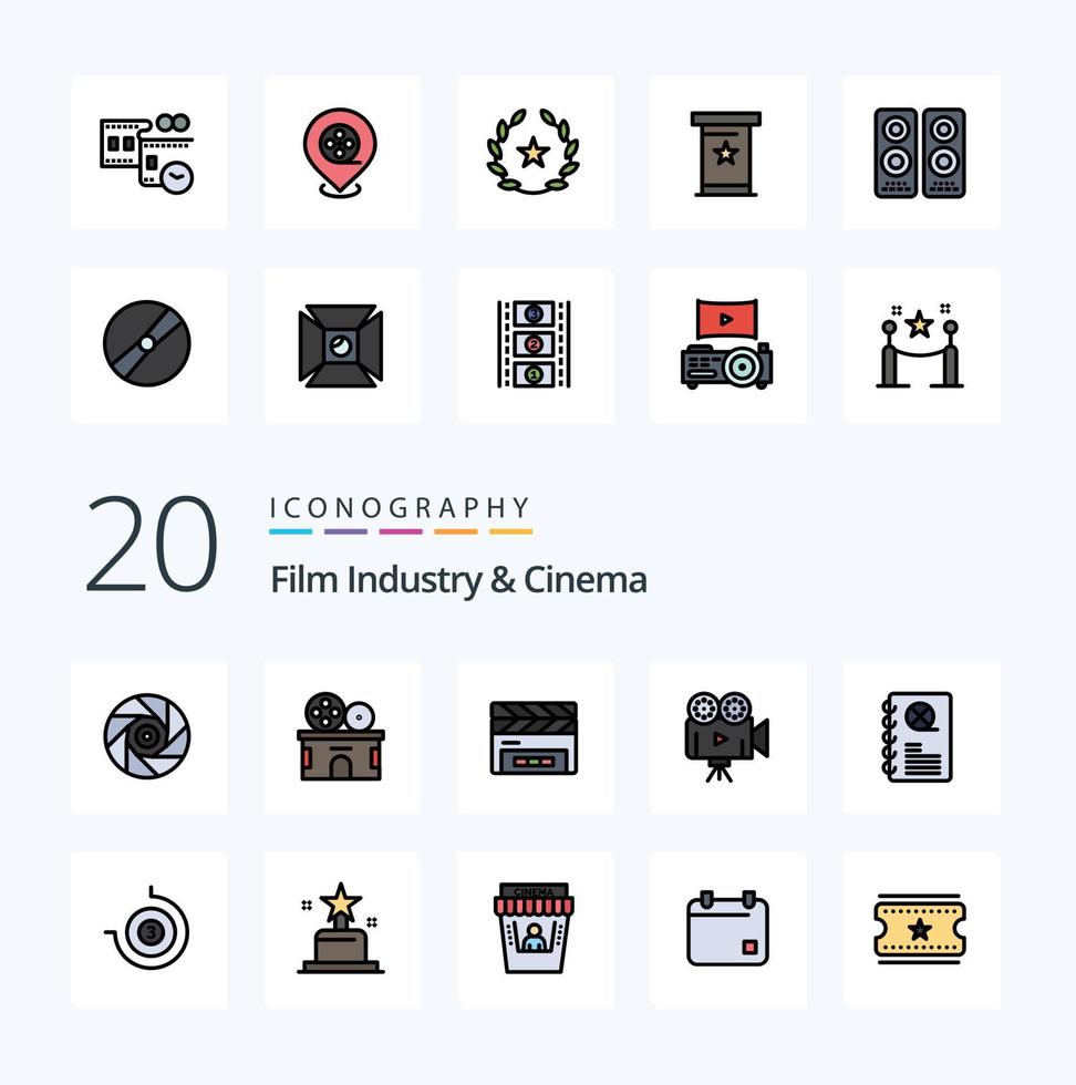 20 Cenima Linie gefüllt Farbe Symbol Pack mögen Unterhaltung Video Schindel Beamer Kamera vektor