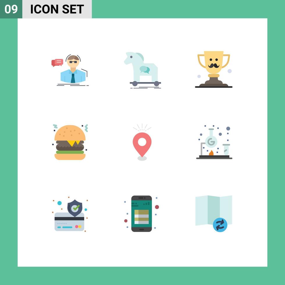 mobil gränssnitt platt Färg uppsättning av 9 piktogram av plats snabb mat trojan burger far redigerbar vektor design element