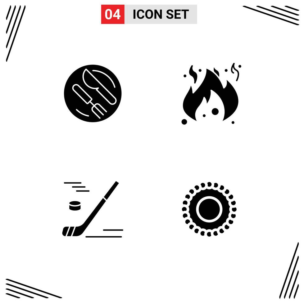 Lager Vektor Symbol Pack von 4 Linie Zeichen und Symbole zum Mittagessen Winter Messer Flamme Eis Eishockey editierbar Vektor Design Elemente