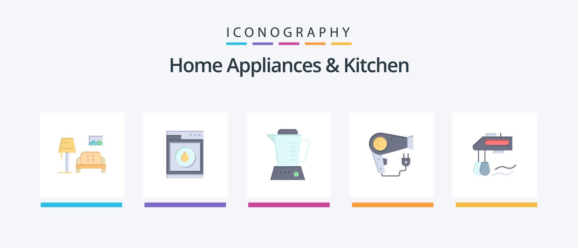 Hem apparater och kök platt 5 ikon packa Inklusive kök. plugg. blandare. hårtork. torktumlare. kreativ ikoner design vektor