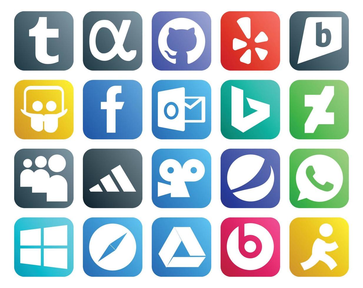 20 social media ikon packa Inklusive browser fönster bing whatsapp viddler vektor