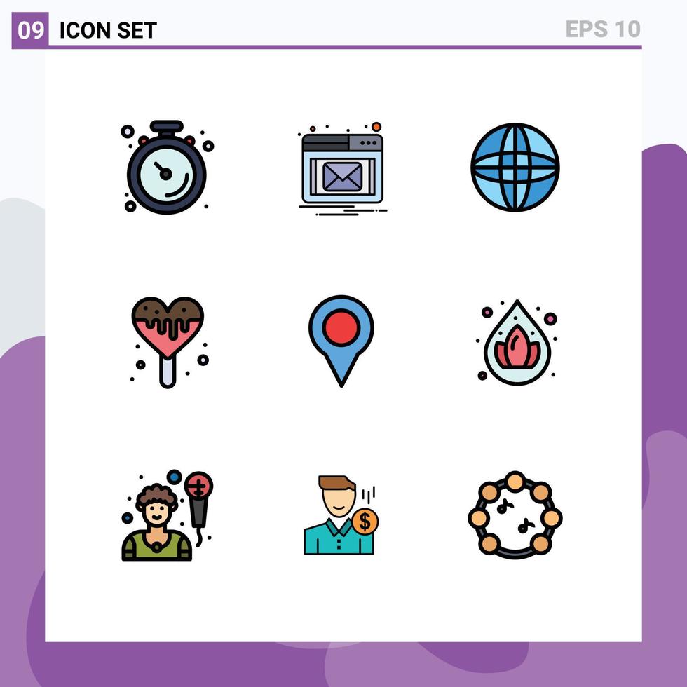 Gruppe von 9 gefüllte Linie eben Farben Zeichen und Symbole zum Wasser Marker Internet Karte Süßigkeiten editierbar Vektor Design Elemente
