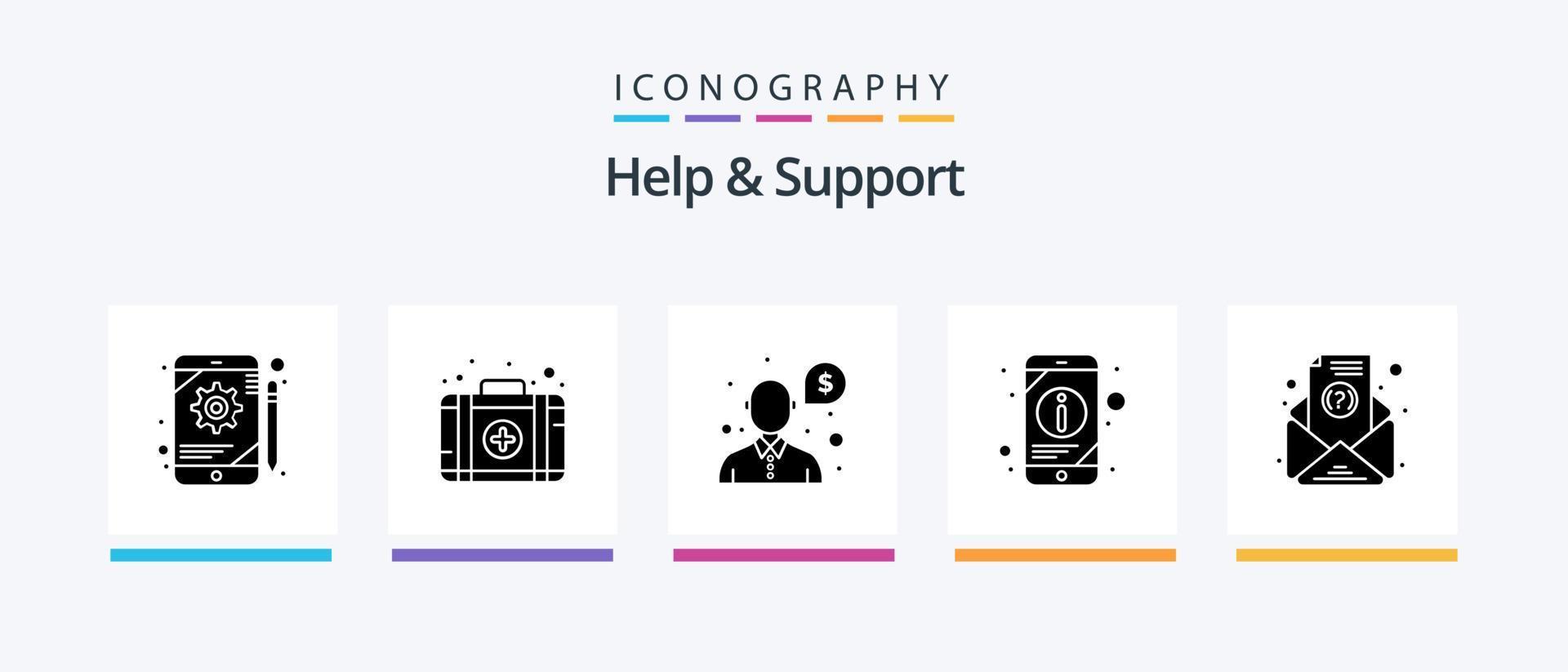 hjälp och Stöd glyf 5 ikon packa Inklusive prenumeration. e-post. pengar. telefon. mobil. kreativ ikoner design vektor
