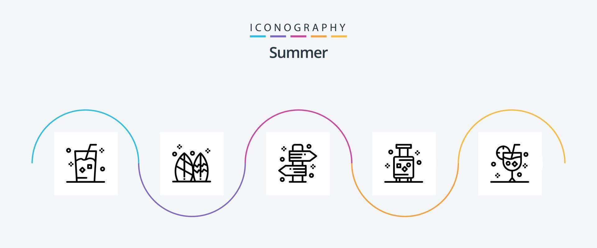 Sommer- Linie 5 Symbol Pack einschließlich Koffer. Urlaub. Surfen. Reise. Schild vektor