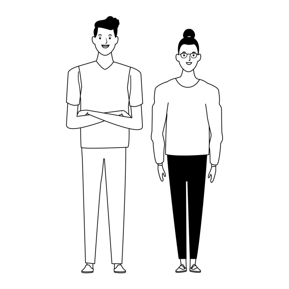 Paar Avatar Zeichentrickfigur in schwarz und weiß vektor