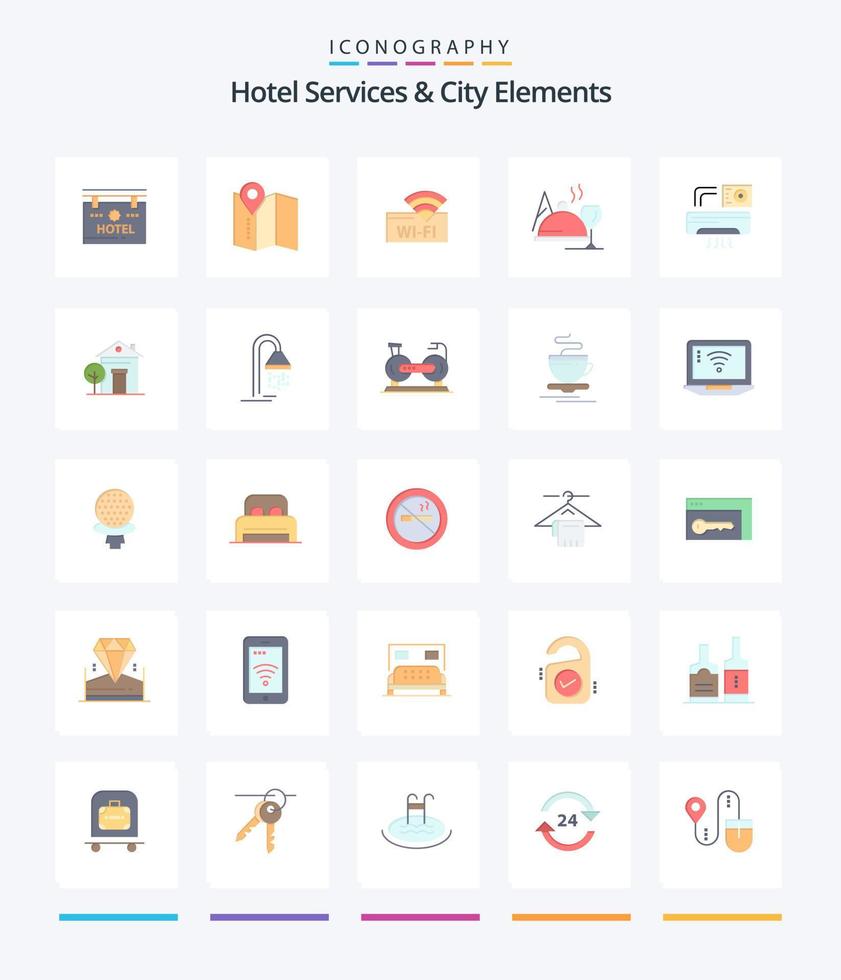 kreativ hotell tjänster och stad element 25 platt ikon packa sådan som ac . luft. wifi. glas. maträtt vektor