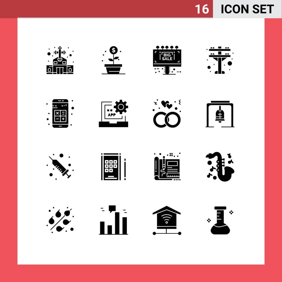 16 Universal- solide Glyphe Zeichen Symbole von Apps hinzufügen die Info Leistung elektrisch editierbar Vektor Design Elemente