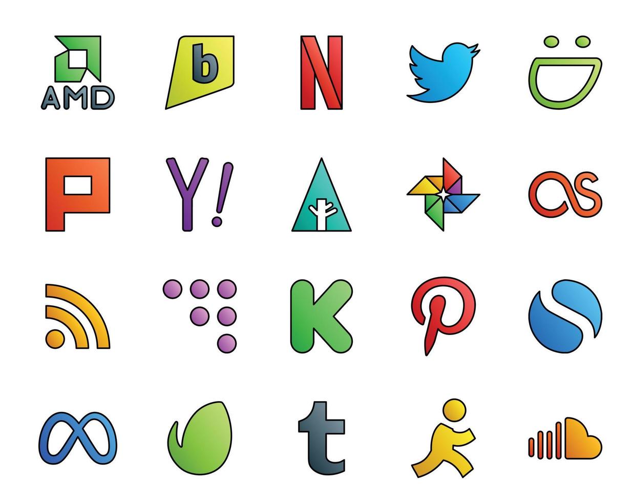 20 Sozial Medien Symbol Pack einschließlich Meta pinterest Suche Kickstarter rss vektor