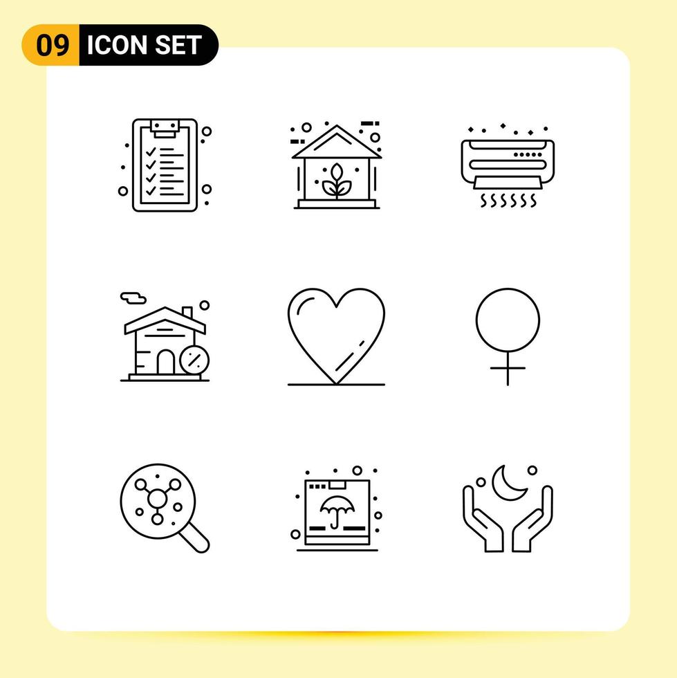 universell ikon symboler grupp av 9 modern konturer av kvinna tycka om luft hjärta hus redigerbar vektor design element